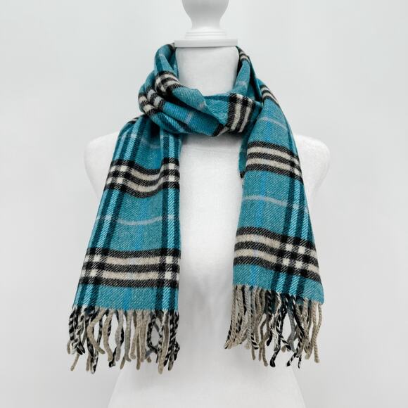 Burberry Scarf Lambswool Authentic Wool Blue Plaid Nova Check Winter Fringe Tan - Picture 1 of 9